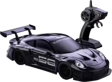 Dark bodywork, white detailing and a wide rear wing.
