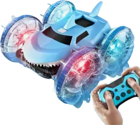 Blue fins and toothy detailing on a playful shark-shaped car.