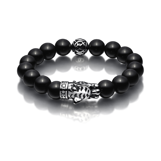 Tiger Head Black Onyx Bead Bracelet